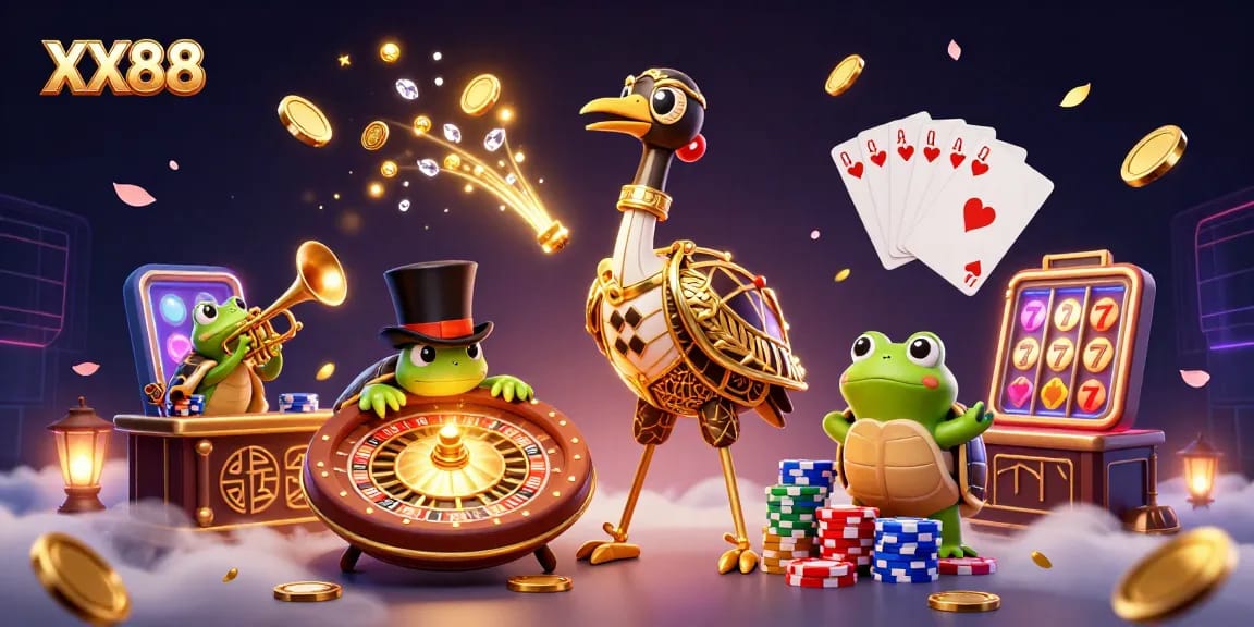 Experience thrilling gameplay at XX88 with vibrant, dynamic casino elements and charming animated characters.