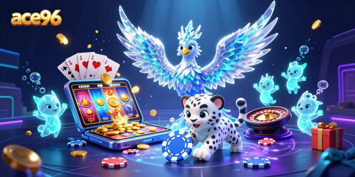 Engage with the ace96 gaming realm featuring a vibrant illustration of a phoenix and casino elements.
