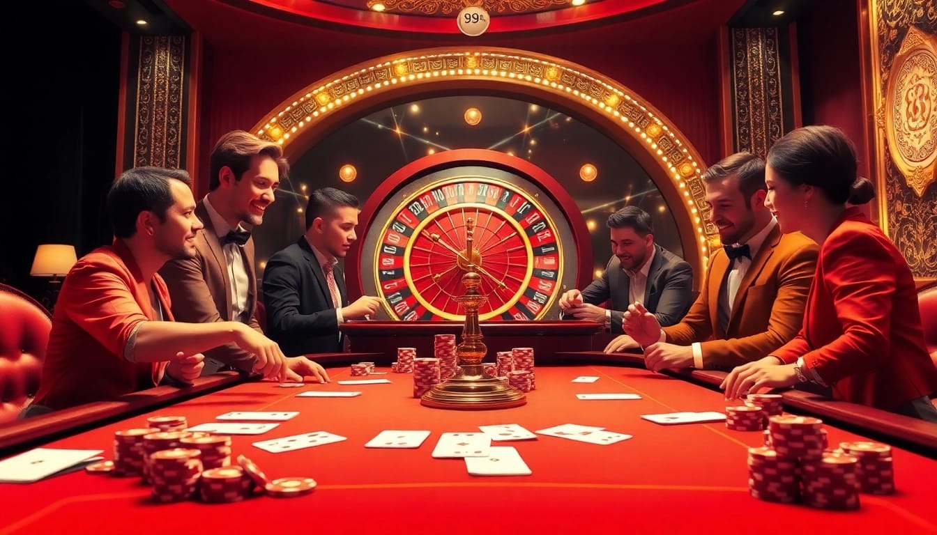 Experience the thrill of 89 bet with players engaging at a luxurious casino table filled with chips and cards.