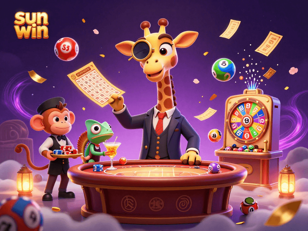 Experience the excitement of sun win with a vibrant casino scene featuring giraffe and friends amidst dynamic gaming elements.