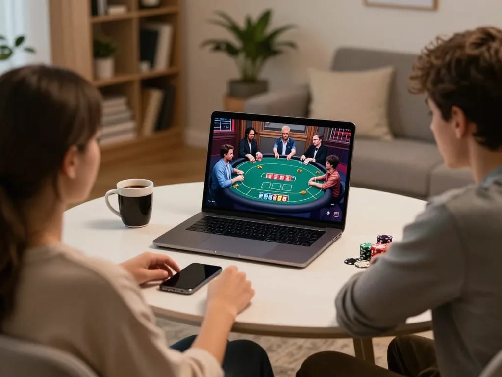 Engaging online poker scene showcasing go99com on a laptop at home, focusing on strategy and gameplay.