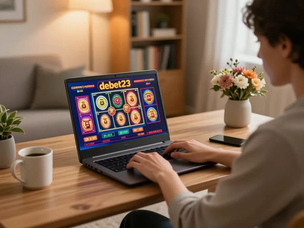 Engaging with debet23 online gaming in a cozy home setup, laptop screen displaying vibrant casino graphics