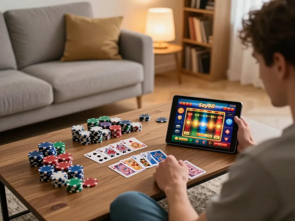Engaging in online gambling, Say88 platform displayed on tablet with vibrant game graphics