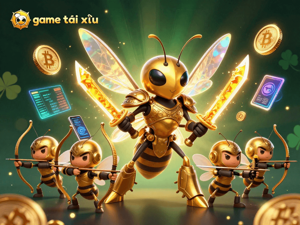 Engage in the thrilling game tài xỉu with a vibrant illustration featuring dynamic characters and crypto elements.