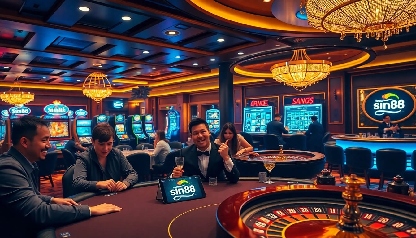 Players enjoying a thrilling poker game at sin88 casino, immersed in a luxurious atmosphere.