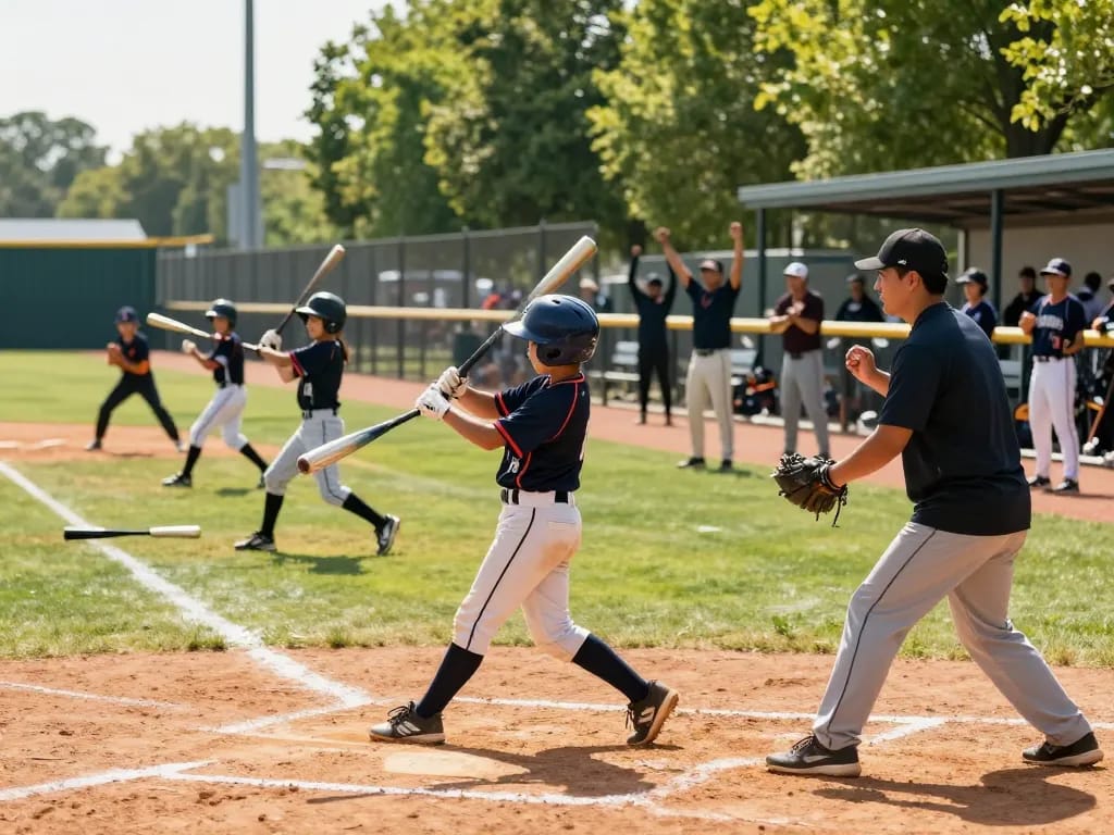 Young athletes training at hitclub baseball facility with coaches guiding batting practice.