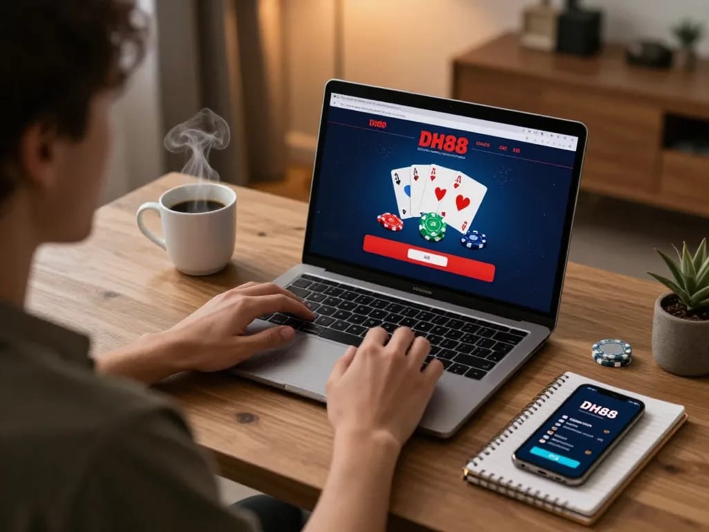 Engaging in online casino gaming on DH88 with a laptop interface showcasing cards and bets