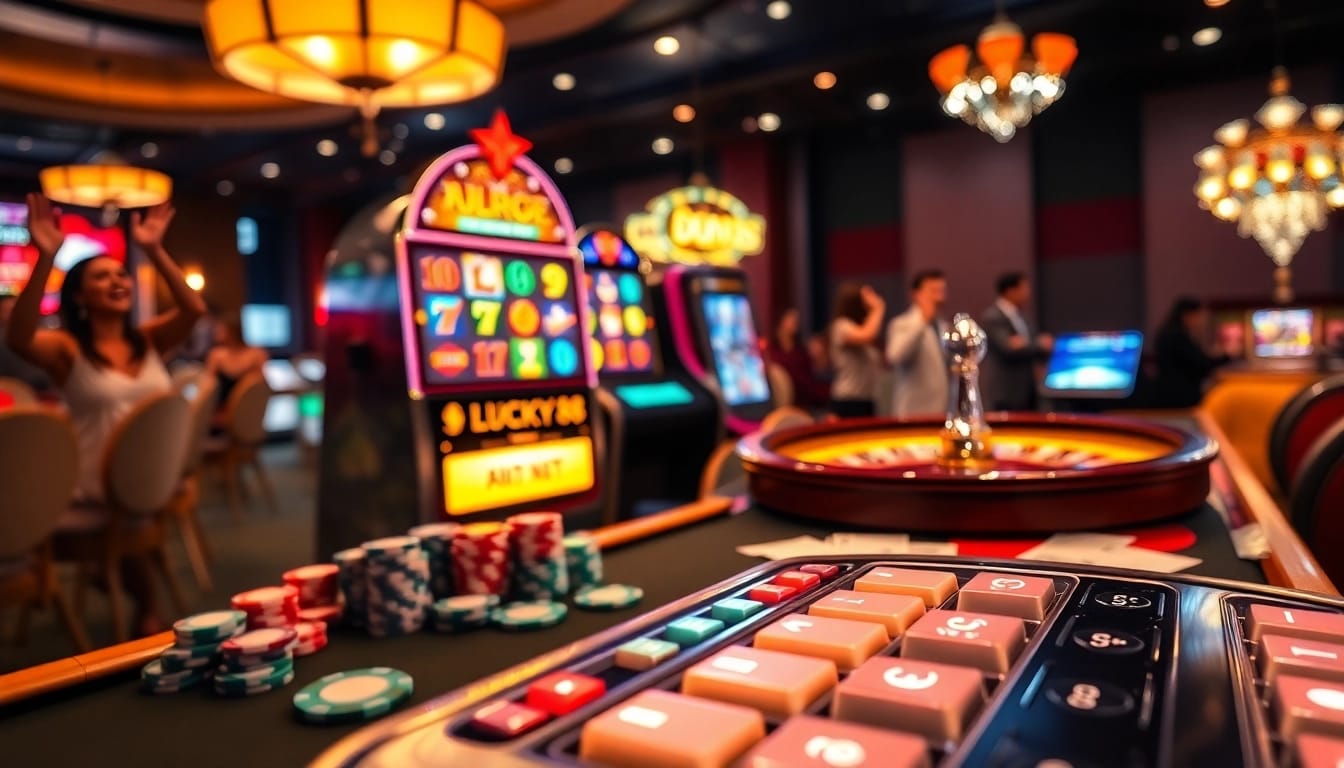 Experience the thrill of LUCKY88 slot machine gameplay in a vibrant casino atmosphere.