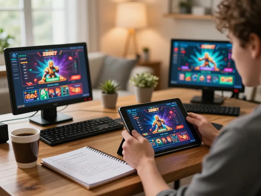 Engaging in online casino gaming with 28BET on a tablet, highlighting strategic notes and cozy atmosphere.