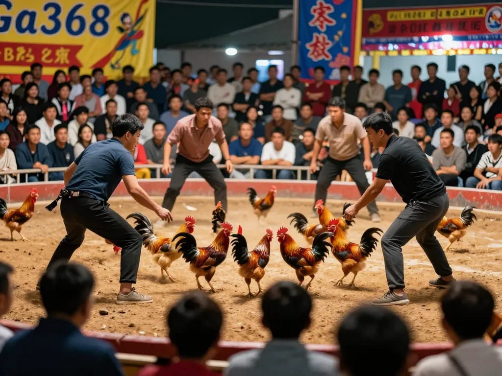 Ga368 showcases thrilling live chicken fighting action with passionate trainers and enthusiastic crowd.