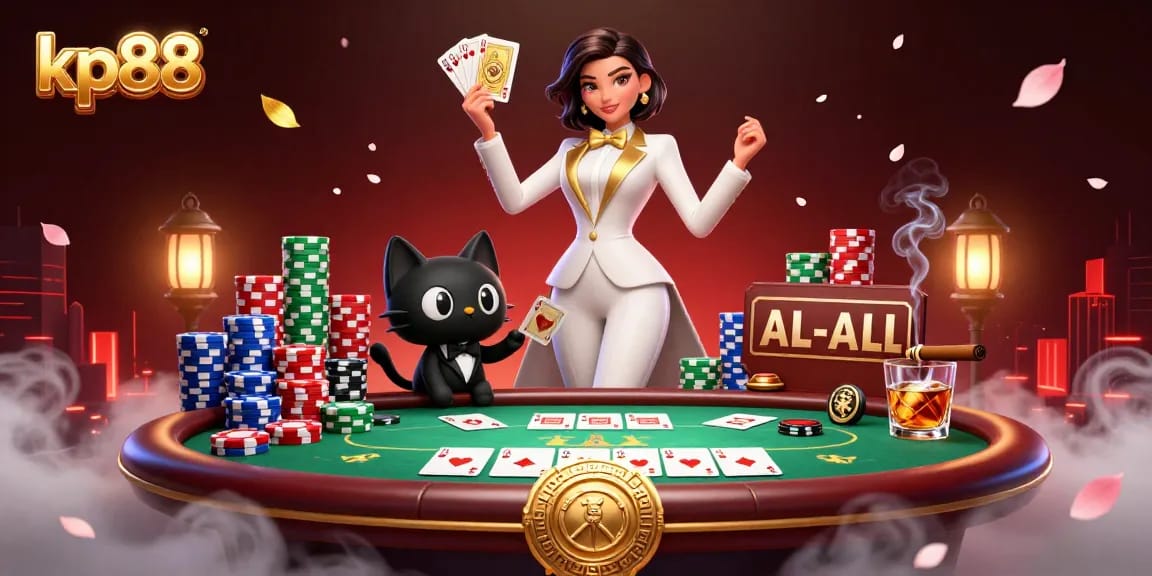 Engage with kp88's vibrant casino action featuring a glamorous dealer and a playful black cat amidst colorful chips.