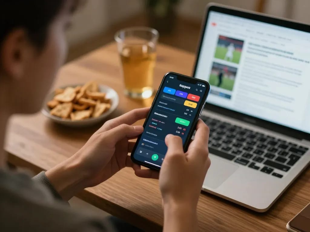 Engaging in sports betting on mobile app during casual gaming session at home while exploring Trang chủ Bom88.