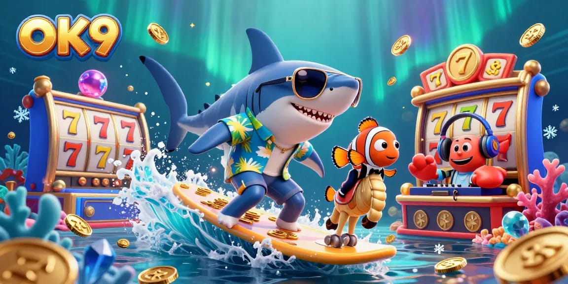 Engage with OK9's thrilling casino adventure featuring dynamic 3D characters celebrating virtual slot wins.