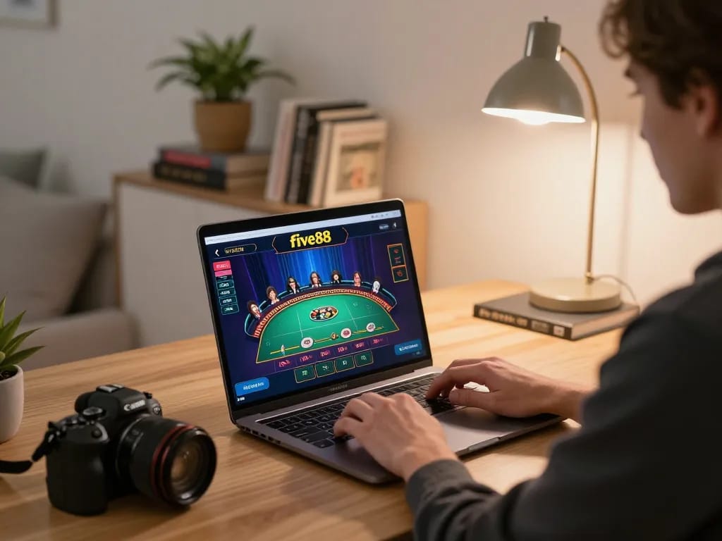 Engaging with live dealer games on five88 in a cozy home setup, highlighting responsible gambling practices