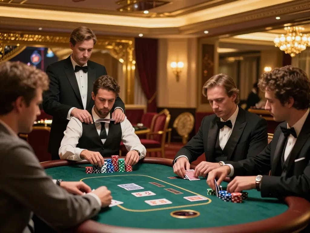 Lu88 players engaged in high-stakes poker with dealer during intense game in luxury casino.