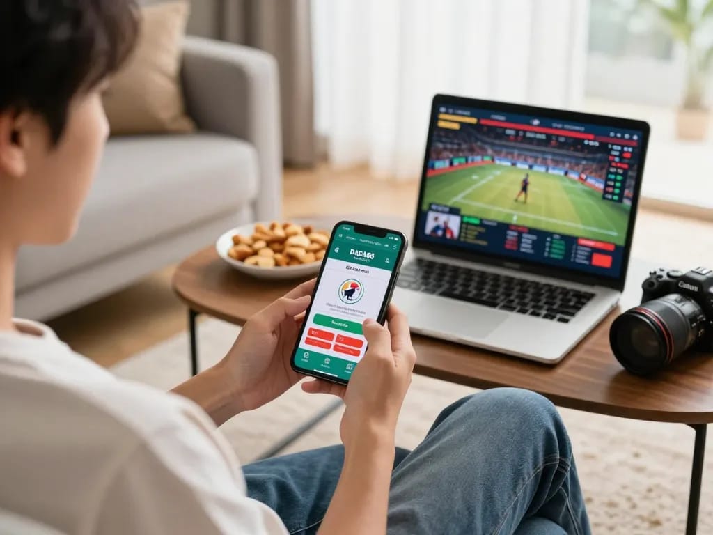 DAGA88 user engaging with betting app on smartphone in cozy living setting, showcasing responsible gaming.