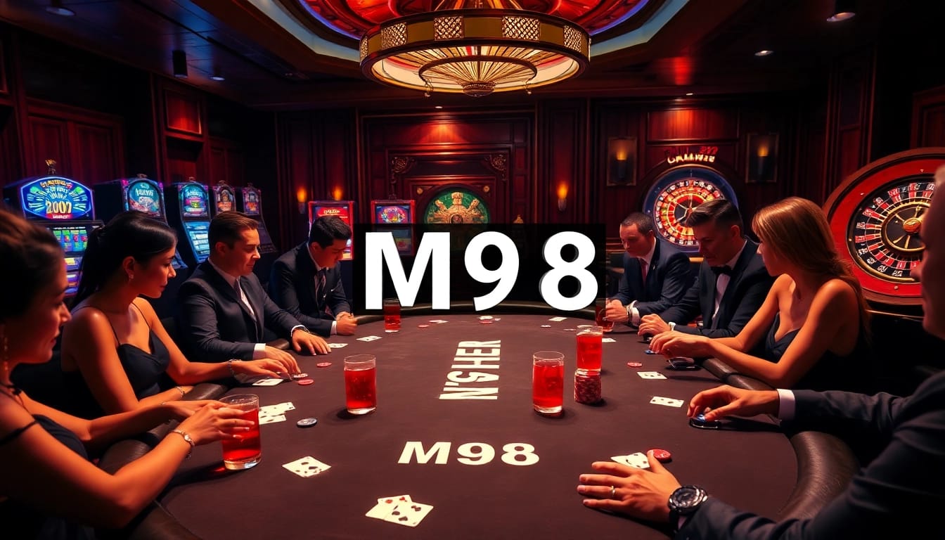 Exciting poker game at a luxury casino featuring M98-themed chips and cards in play.
