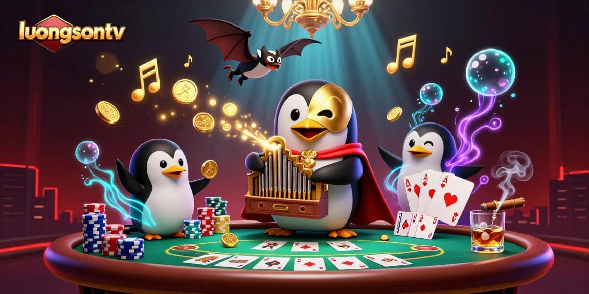 luongsontv showcases a vibrant 3D scene of a playful penguin playing a pipe organ, surrounded by poker elements.
