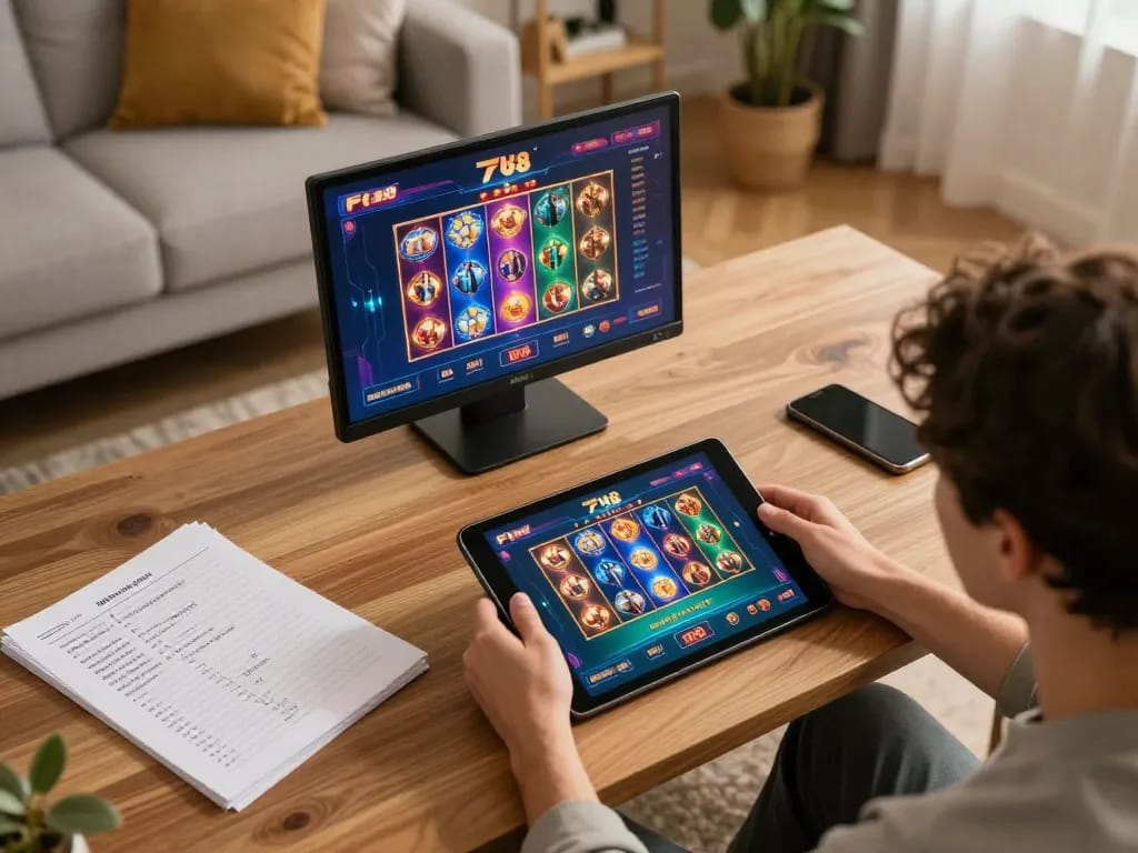F168 user engaging with online casino games on a tablet in a cozy living room.