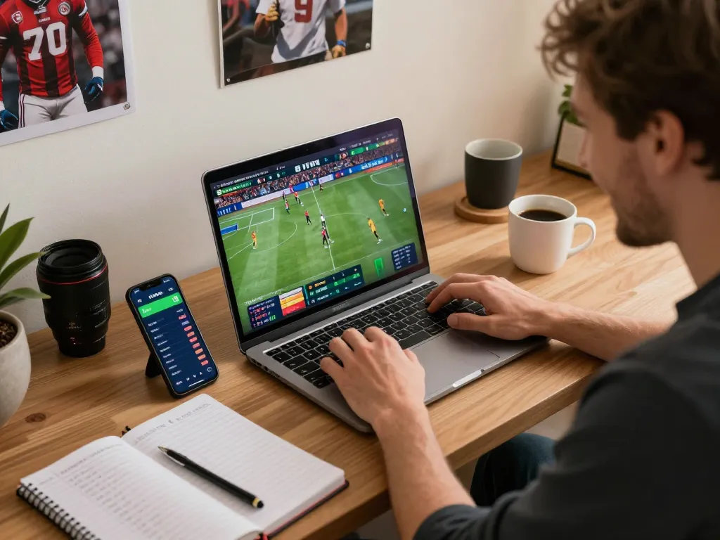 O8 sports betting setup with user tracking game statistics on laptop and smartphone in a cozy environment.