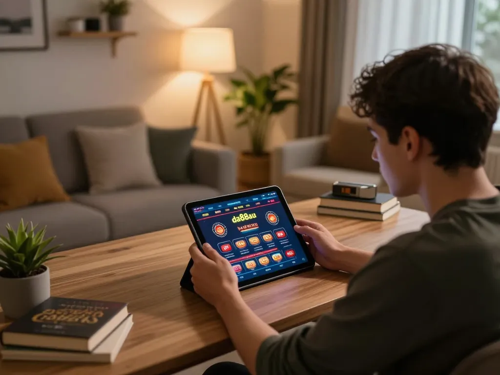 An engaged player explores da88au online casino experience on a tablet, cozy home setting.