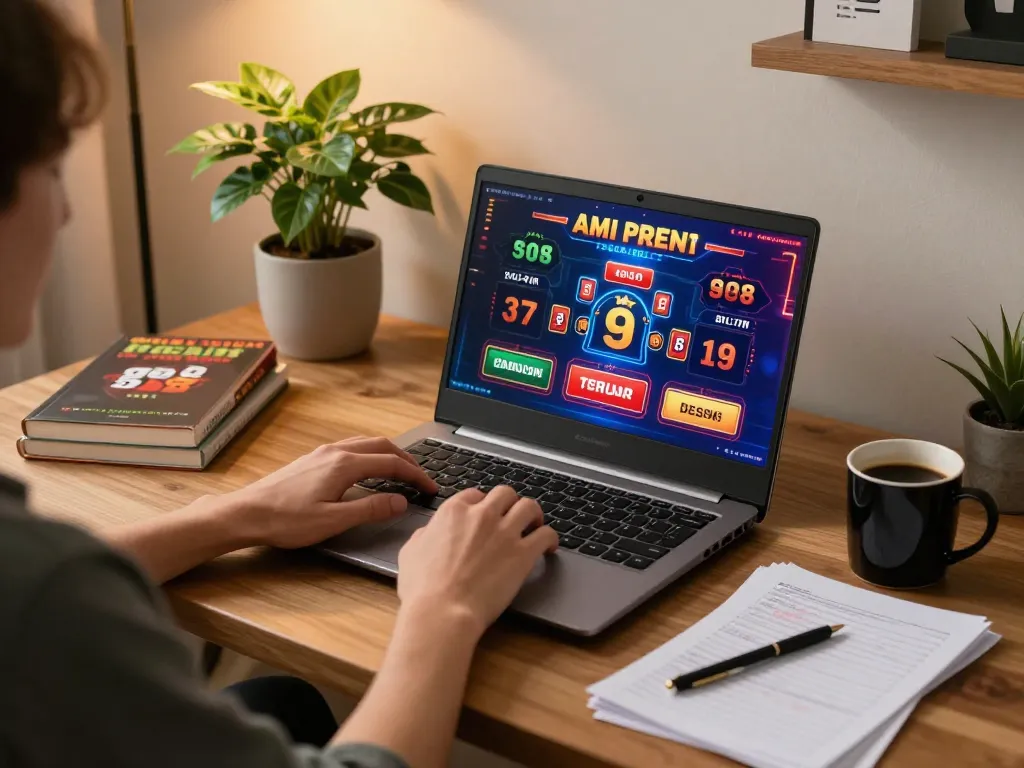 A person plays exciting go8 casino games on their laptop, creating a cozy home gaming atmosphere.