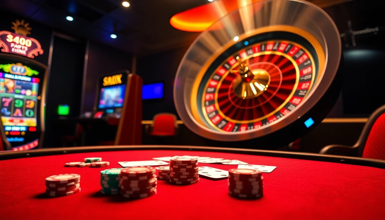 S8 offers thrilling poker action with colorful chips and an exciting roulette wheel in a vibrant casino.