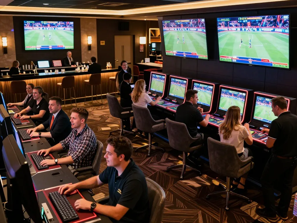 Betting action at 789winn sports area, with screens showcasing live events and enthusiastic bettors.