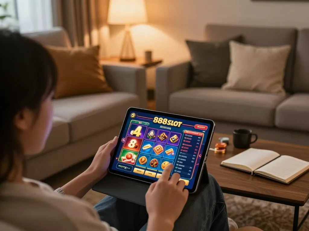 Engage with 888slot on a cozy home gaming setup, showcasing vibrant betting options and strategies