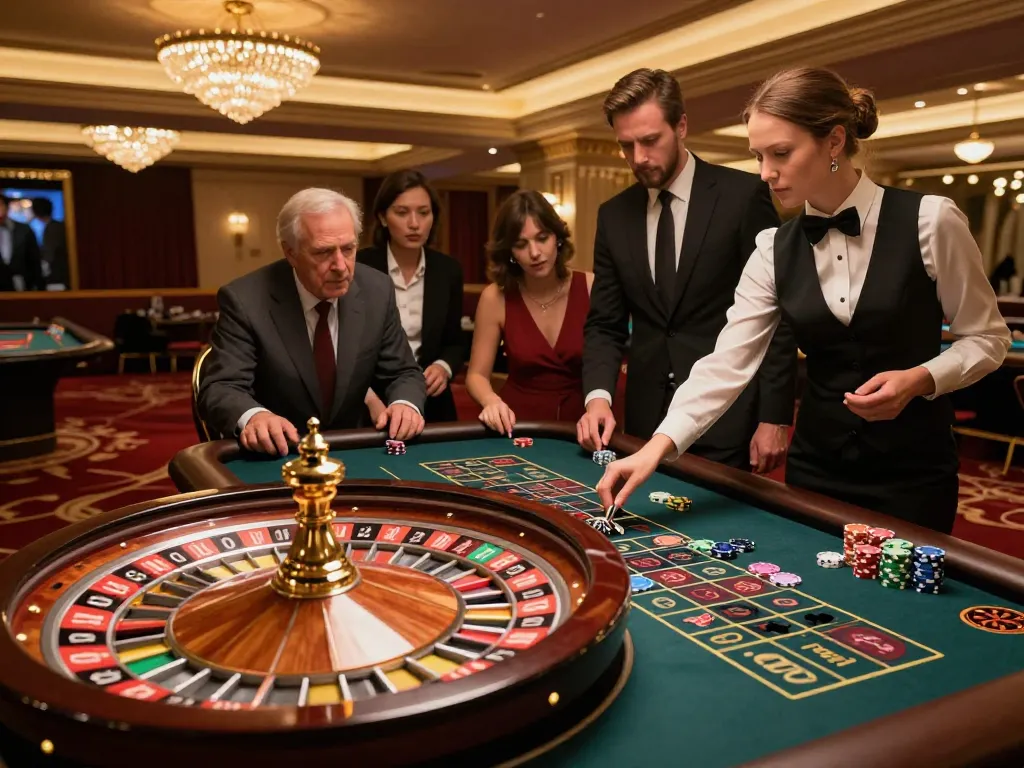vu88 players placing bets at an upscale roulette table with a croupier spinning the wheel