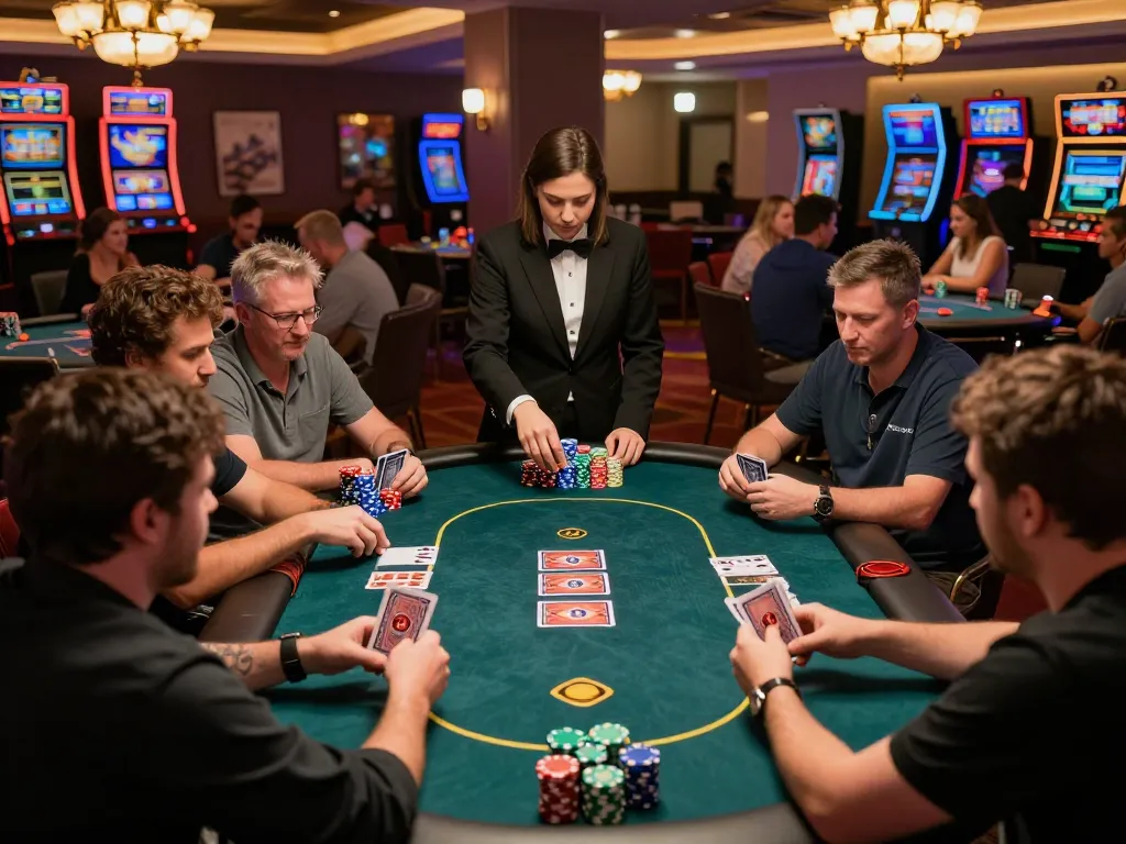 Players at a vb88 poker game strategizing their bets around a vibrant casino table