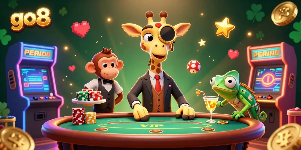 Experience excitement at go8 with a high-roller giraffe, monkey valet, and chameleon bartender in a vibrant casino scene.