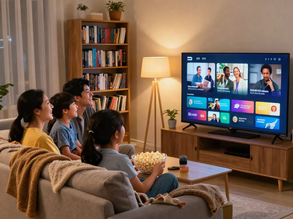 Family enjoying a cozy movie night, picking a show to watch on their flat-screen TV.