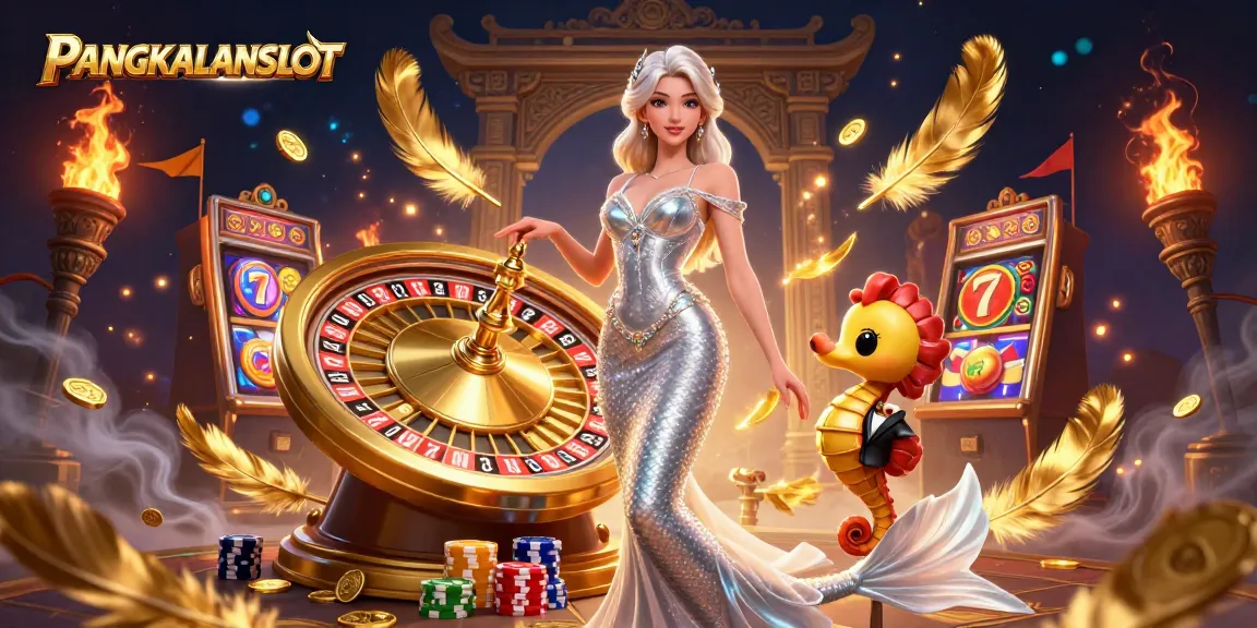 PANGKALANSLOT showcases a captivating casino scene with a dazzling lady, roulette wheel, and dynamic gaming elements.