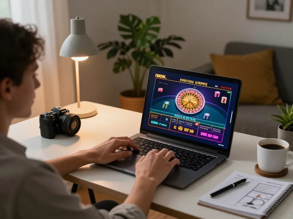 IWIN online gaming setup with a person playing roulette on a laptop, cozy home office atmosphere.
