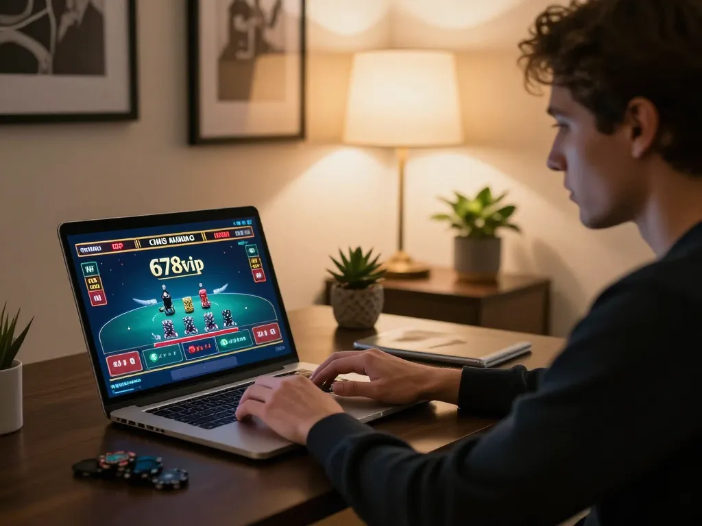Player engaging in a live blackjack game on 678vip, showcasing strategic gameplay in a home office.