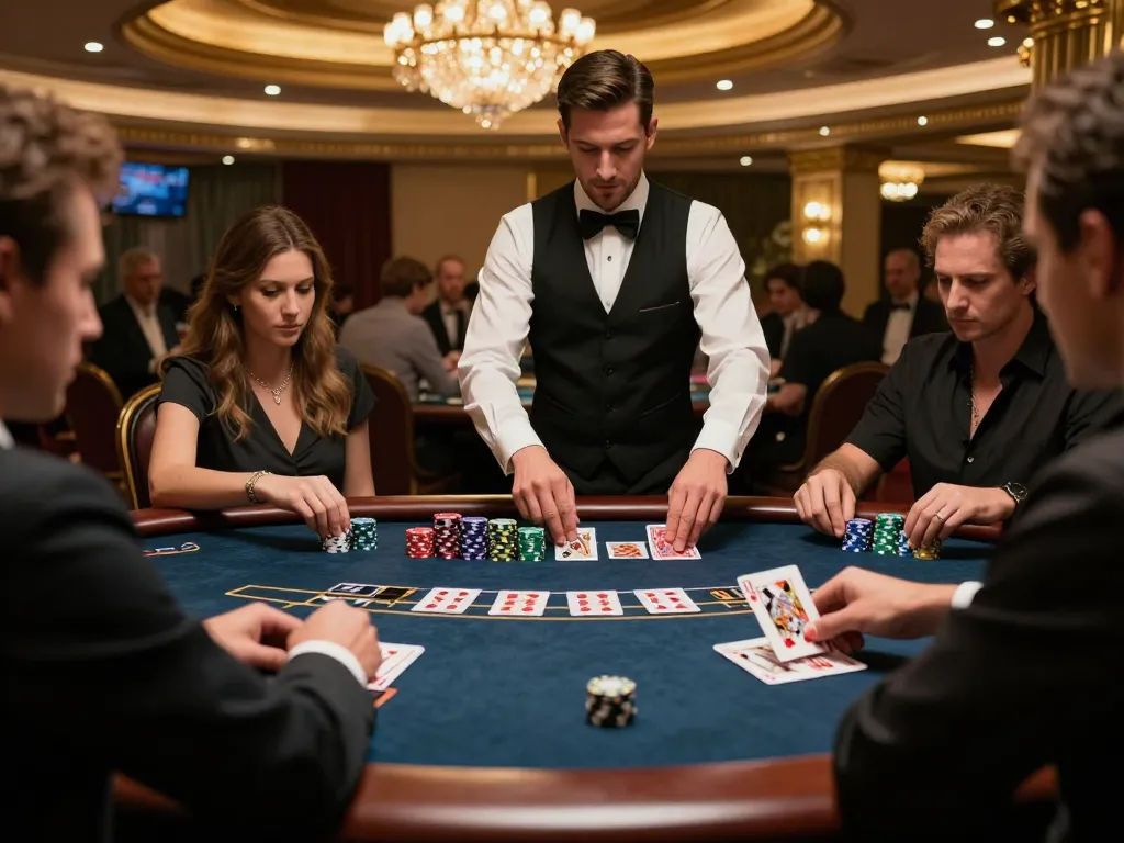 Fabet players engaging in an exciting blackjack game, showcasing strategic betting with vibrant chip stacks