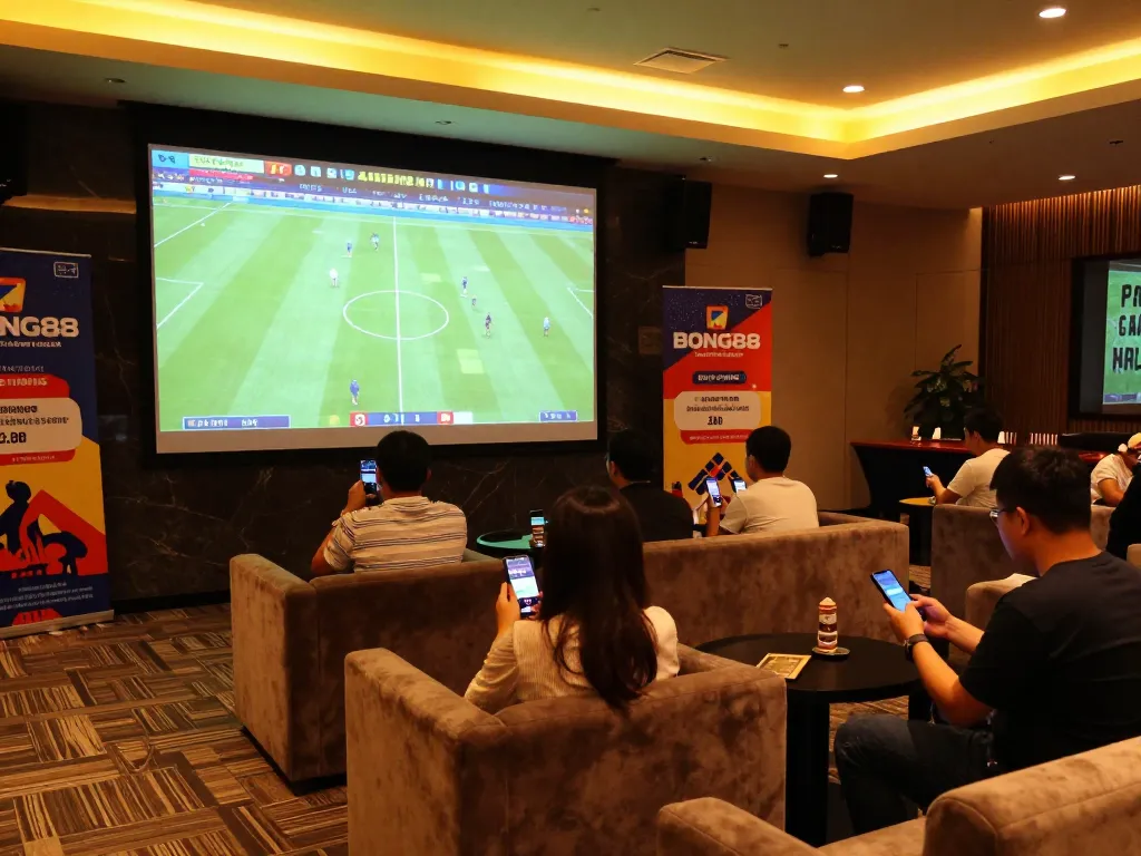 Engaged bettors enjoying a match while placing bets at BONG88's vibrant sports betting lounge.