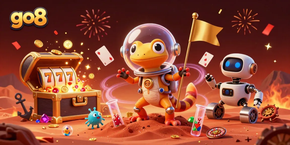 Play and win at the go8 online casino with a vibrant Martian adventure illustration featuring roulette and slot elements.