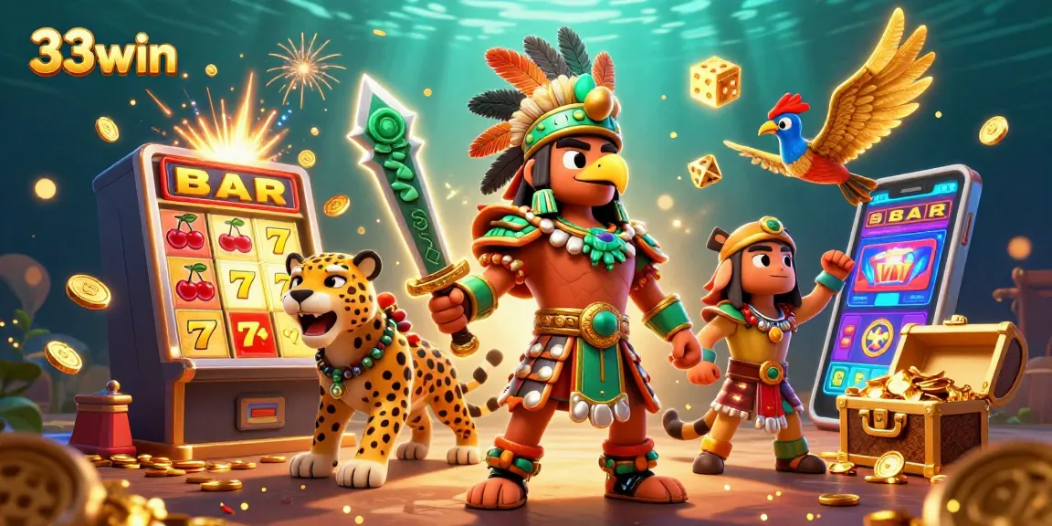 Experience the excitement of 33win with a dynamic scene of jackpot glory, featuring Aztec warriors and casino elements.
