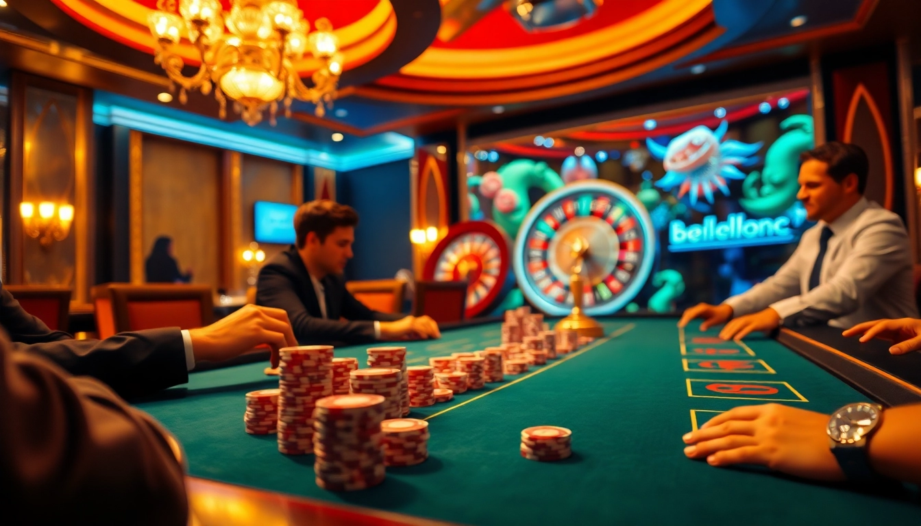 Engaging players enjoy blackjack action at bj88, surrounded by vibrant casino elements.