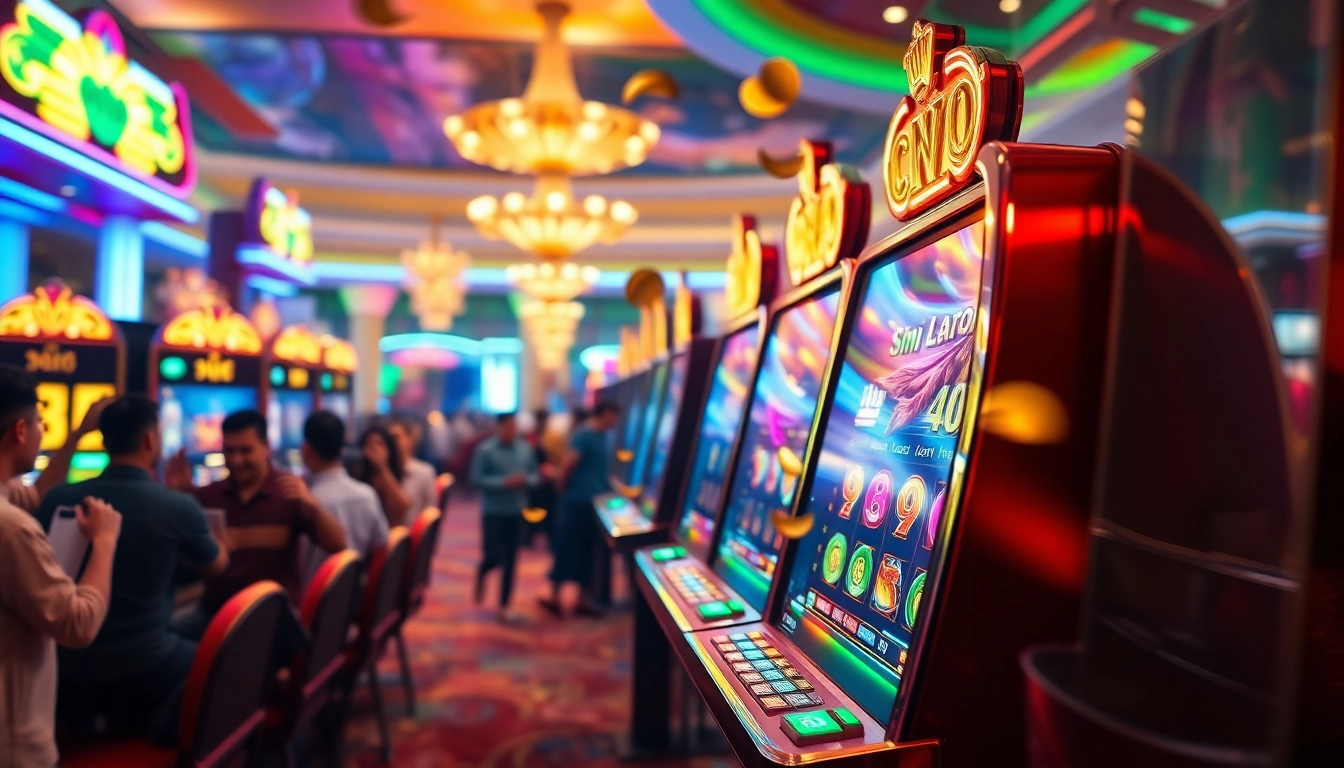 Nổ hũ slot machine showcasing vibrant graphics and jackpot excitement in a luxurious casino setting.