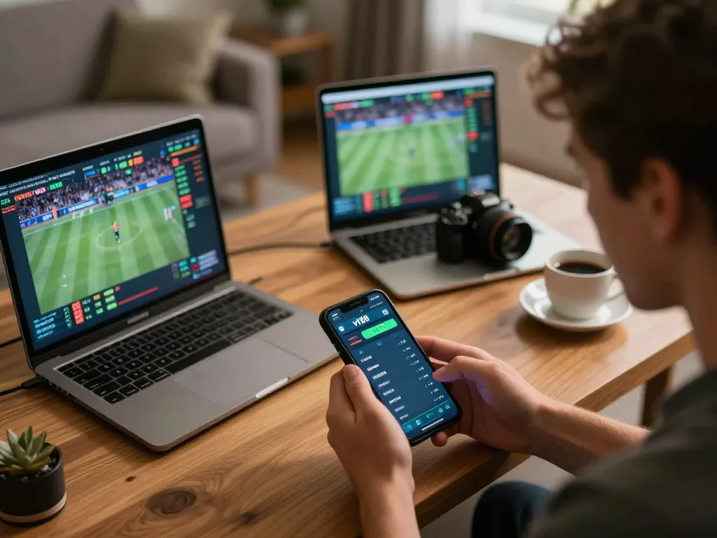 Place bets using the vt88 app on smartphone in a cozy setting while watching live sports.