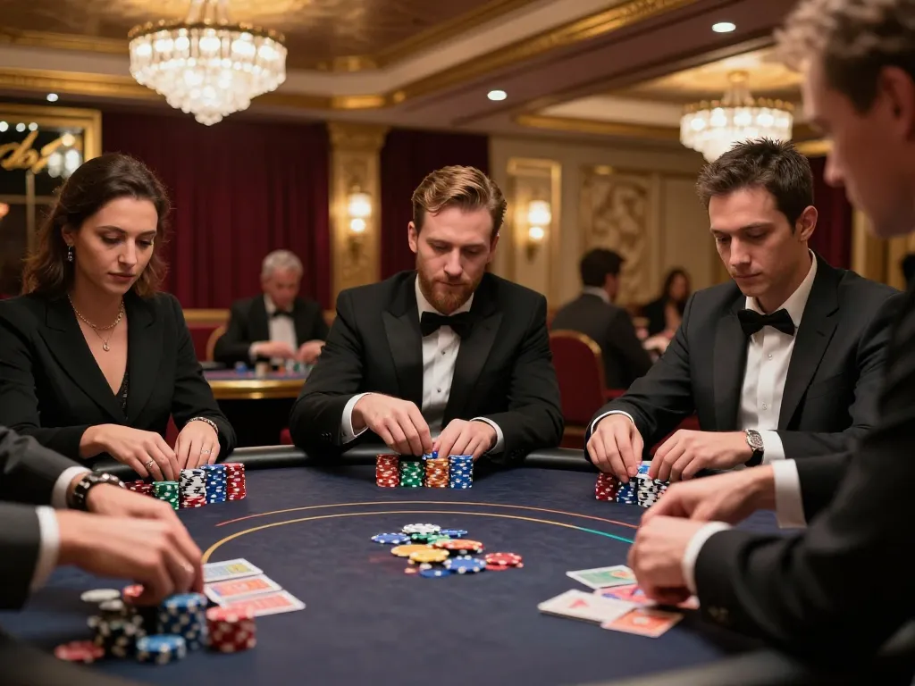 Fabet88 poker game in a high-roller room, players focused on intense gameplay.