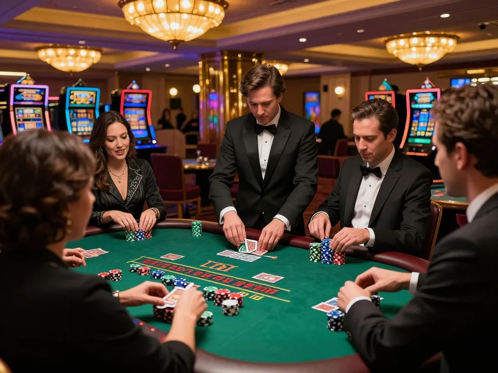 Players engaging with Fm88 blackjack table, dynamic action and vibrant casino atmosphere.