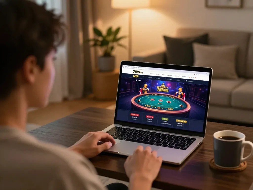 Engaged player accessing 789win's live dealer games from a cozy home setup.