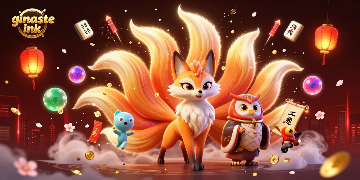 Experience the vibrant world of ginaste ink with a mystical nine-tailed fox and wise owl amidst floating casino elements.