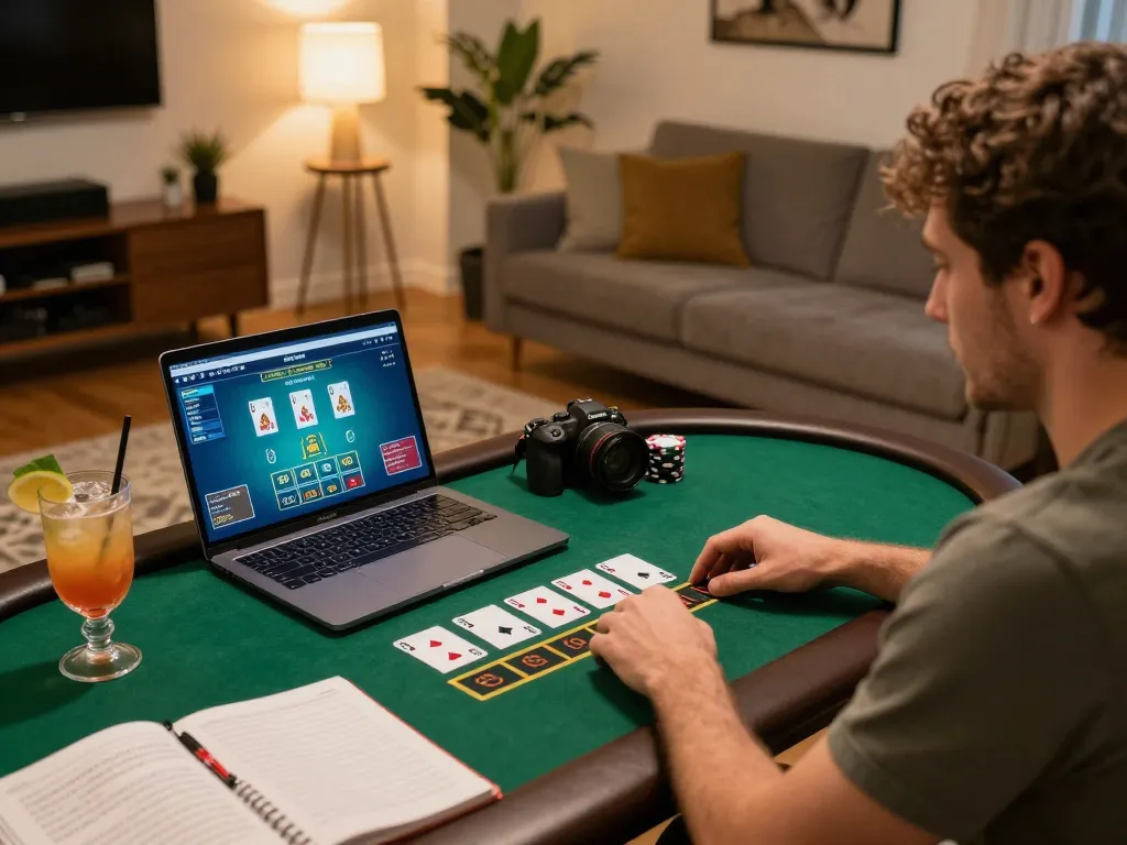 Player enjoying FABET online blackjack at home, showcasing strategy notes and gaming atmosphere