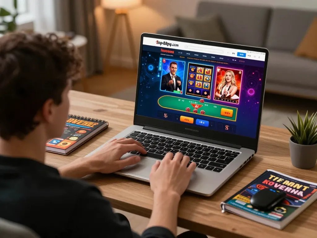 Engaging user playing games on top88pq.com with vibrant casino interface displayed