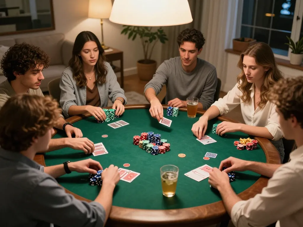 Engaging poker game at home night featuring friends playing together at the table, showcasing the fun of Trang Chủ V9BET.